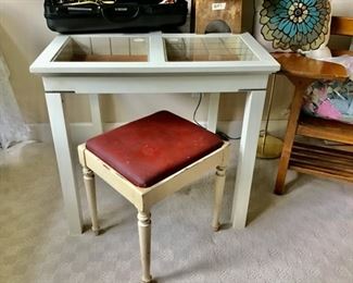 White Craft Table with Storage under the Top, and a vintage stool, and Vintage Wood Student's Desk