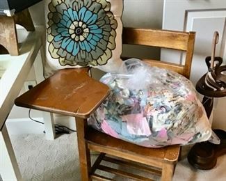 Vintage Students Desk, and the bag contain's  an unfinished Rug Project