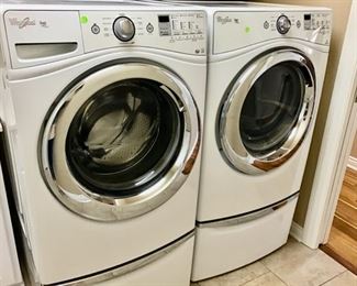 Whirlpool Duet Front Load Washer and Dryer and 2 Storage Bases