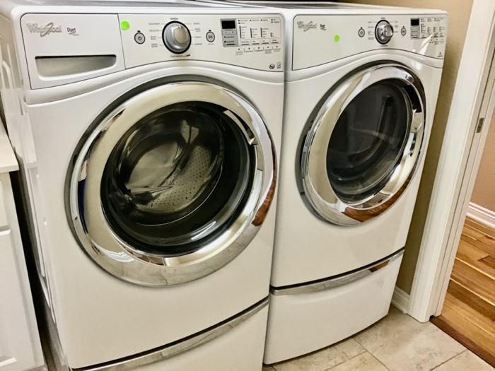 Whirlpool Duet Front Load Washer and Dryer & 2 Storage Bases.  Manufacture Date 2013.  Both have Steam Functions. Washer & Storage Pedestal Base $400.00, Dryer & Storage Base is $400.00.       CALL NOW FOR YOUR APPT