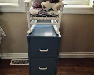 Child's Rocker and the Blue Metal 2-Drawer File Cabinet