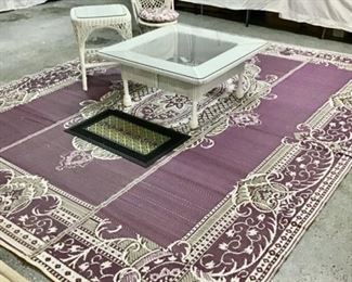 Large Outdoor Rug, White Wicker Square Coffee Table, Side Table, and Chair