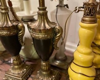 Black & gold urn lamps, vintage ceramic & brass lamps