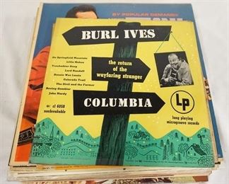 1141 LOT OF 25 COUNTRY/FOLK ALBUMS; BURL IVES- THE WAYFARING STRANGER (10 IN LP) RETURN OF THE WAYFARING STRANGER (10 IN LP) MORE FOLK SONGS (10 IN LP) JO STAFFORD SINGS AMERICAN FOLK SONGS (10 IN LP). RONNIE HAWKINGS SINGS THE SONGS OF HANK WILLIAMS, LIVING GUITARS SHINDIG, GALE GARNETT WE'LL SING IN THE SUNSHINE, BURL IVES-THE WAYFARING STRANGER & THE RETURN OF THE WAYFARING STRANGER, WOMEN SUNG BY BURL IVES, GREAT COUNTRY ARTISTS SINGING ORIGINAL HITS, SPOTLIGHT ON BUD & TRAVIS, TRINI LOPEZ SINGS & THE EXOTIC GUITAR PLAYS, A TRIBUTE TO HANK WILLIAMS, FAMOUS ORIGINAL HITS BY 25 GREAT COUNTRY STARS, R. DEAN TAYLOR *I THINK THEREFORE I AM* MORE TRINI LOPEZ AT PJ'S, HONKY TONK PIANO FEATURING LOU STEIN, HONKY TONK PIANO *BIG* TINY LITTLE, J.F MURPHY & FREE FLOWING SALT ALMOST HOME, JOHN SEBASTION, THE NEW CHRISTY MINSTRELS- TALL TALES! LEGENDS & NONSENSE, RAMBLIN, IN PERSON, & EXCITING NEW FOLK CHORUS 
