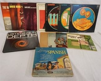 1171	LOT OF 17 MISC. RECORDS; MICKEY KATZ ( 10  IN LP) FOR TEENAGERS ONLY (10 IN LP) TWIST PARTY (10 IN LP) GREAT HITS OF THE 60S (10 IN LP,  MISSINIG COVER) LIVING SPANISH A COMPLETE LANGUAGE COURSE (COMES W/ 4 10 IN LPS A 45 & 2 BOOKLETS) ROCKIN' RHYTHM W/ MAURICE ROCCO (10 IN LP) ERIC SALZMAN WIRETAP, THE MASKED MARAUDERS, SIGNS OF THE ZODIAC- CANCER, GEMINI, & SCORPIO. JFK A MEMORIAL ALBUM, DAVID ROSE & HIS ORCHESTRA PLAY THE STRIPPER & OTHER FUN SONGS FOR THE FAMILY, THE WAR OF THE WORLDS, LISTENING IIN DEPTH AN INTRO TO STEREOPHONIC SOUND VOLUMES I & II (VOLUME I COMES W/ BOOK) 
