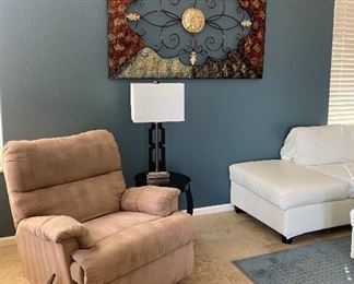 Rocker Recliner x 2, Metal Wall Art, Side Table, Geometric Table Lamps pr, Area Rug