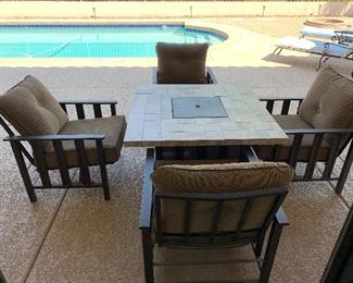 Firepit Table, 4 Arm Chairs w Cushions