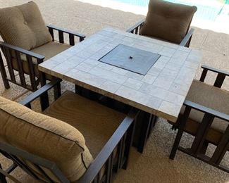Firepit Table, 4 Arm Chairs w Cushions