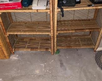 Pair of wicker shelves/book cases.  Collection of telephones also includes two vintage phones.