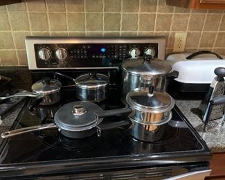 Pots, pans, baking dishes, and small electrical items are available.