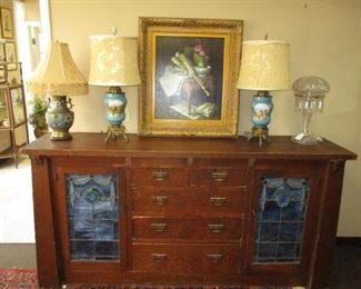 Arts & Crafts Built In w/ Stain Glass, Pair of Paris Porc Table Lamps, Champleve Table Lamp, Transfer on Canvas Art SOLD!
