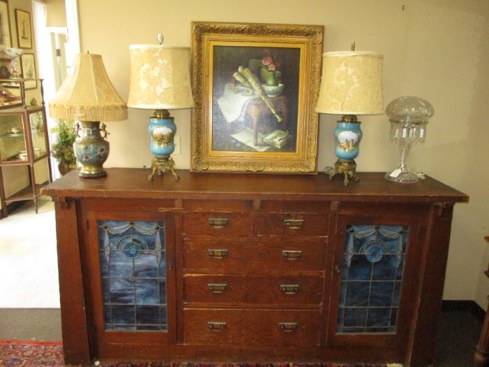 Arts & Crafts Built In w/ Stain Glass, Pair of Paris Porc Table Lamps, Champleve Table Lamp, Transfer on Canvas Art SOLD!