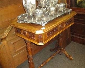 Silverplated Tea Service, Walnut Victorian Sewing Table w/ Carving & Pawfeet