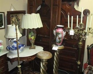 Pr of Gold Gilt Twist Pedestals , Rococo Victorian Marble Top Parlor Table, Chandelier Floor Lamp