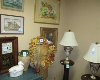 Assorted Prints and Watercolors, Table Lamps, Empire OG Clock......2 LAMPS SOLD!!!