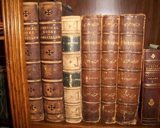 2 vols leather Longfellow and 3 vols leather Shakespeare set
