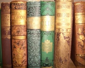 Close up of a few of many Victorian decorative covers.....Milton, Byron, Don Quixote, Robinson Crusoe