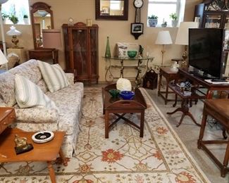 Hall Table (SOLD), Lighted Curio (SOLD), Sofa, Heckman End Tables, LG TV, Sofa Table, Upholstered Sofa, Coffee Table, Lamps
