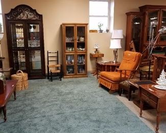 Maple Rocker, Leather top Side Table, Curio (SOLD), Coffee Table, Glassware, Stemware, Rush Seat Chair & Matching Stool