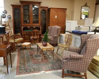 Wing Back Chairs, Rug, Sofa Table, Drop Leaf Side Table, Barrel Roll Desk and Chair