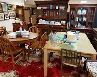 Oak Table & 4 Chairs, Dry Sink w/ Copper tray, China Cabinets, Pyrex, Milk Bottles, Collectibles