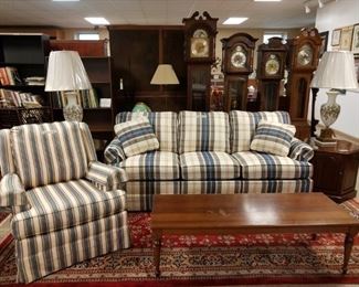 Sleeper Sofa (SOLD), Swivel Rocker(SOLD), Coffee table, Grandfather Clocks, Lamps,