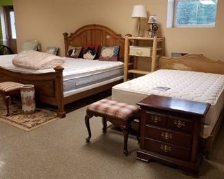 Oak King Size Bed w/ Mattress & Split Box Springs (SOLD), Full Bed w/ Mattress & Box Springs, Bench Seats , Umbrella Holder, Night Stand, Log Shelf, Needlepoint Pillows, Lamps
