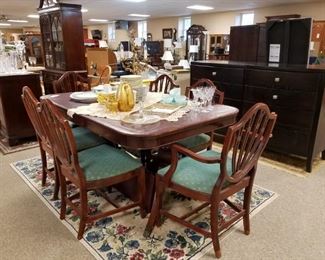 Dining Room Table, Leaves, 6 Chairs & Pads, Stemware, Dishes, Dresser (SOLD)