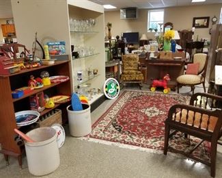 Stemware, Barware, Crocks, Rocker, Side Chairs, Some Vintage Toys, Beer Trays