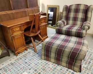 Desk & Chair, Mirrors, Upholstered Wingback Chair & matching Ottoman
