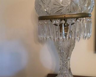 Huge antique cut glass lamp with prisms!