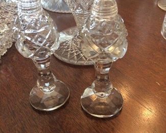 Crystal SALT & PEPPER shakers on pedestals! 6 1/2" tall.