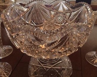 LARGE brilliant/cut glass bowl on a pedestal! 11.5" tall and 12" diameter.