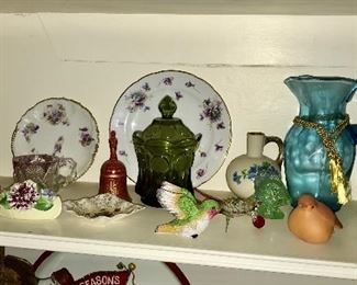 Aqua pitcher -- 10.00                                                                                Green Fostoria "Coin" Candy Jar -- 10.00