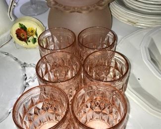 Anchor Hocking "Old Lace" Cookie Jar -- 20.00                      Set of 6 Jeanette "Windsor" Tumblers -- 30.00