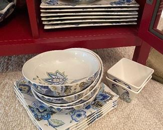 Set of blue, white and green dishes