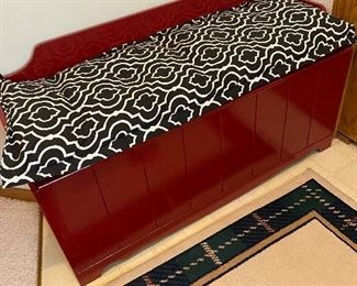 Red entry bench, rug