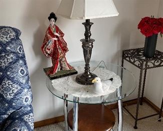 Second glasstop end table and lamp, Asian doll