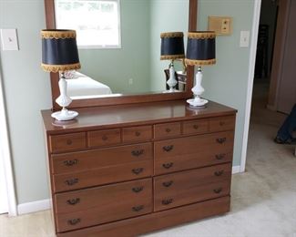 $125, American Maple 6 drawer dresser with mirror, excellent condition, 33" x 19" x 29".    $25 ea, White Milk Glass lamps