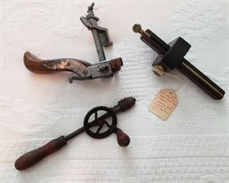 $25, #77 Marking  Gauge Stanley Rule & Level Co. Rosewood & Brass.  $8, vintage hand drill