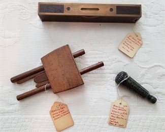 $15, 8" Brass Bound Rosewood Level Tower & Lyon, 1872-1900.  $20, Excelsior tool handle Stanley Rule & Level Co.,  $20 Marking Gauge, Prassto Denmark hand made by Karl Larsen.