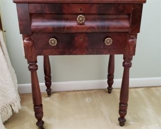$100- Antique  Mahogany burl  two drawer side table with blonde top  22" x 18"  x 28 "