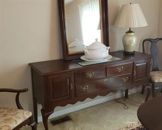 $200 Kling Colonial Cherry Buffet, 66" x 20" x 33".   

SOLD-$50 Large brown wood and gold frame mirror,  29" x 38"