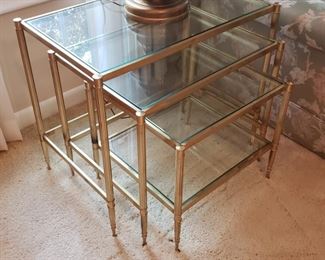 $100 - Three Beautiful Brass and Glass nesting tables, excellent heavy quality, tallest is 26" x 16" x 22"
