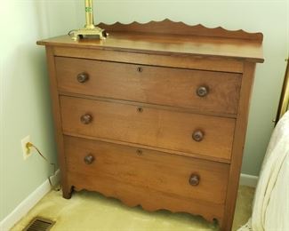$125, Antique dresser, 41"x 19" x 36",   $20 brass lamp