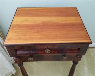 $100- Antique  Mahogany burl  two drawer side table with blonde top  22" x 18"  x 28 "