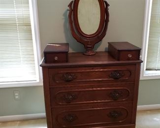$250, Beautiful Victorian 3 drawer dresser, Grapes drawer pulls, 2 removable top drawer boxes and pedestal mirror