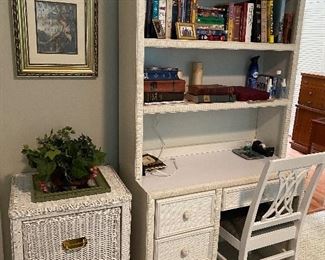 Henry Link desk with hutch.  wicker file cabinet