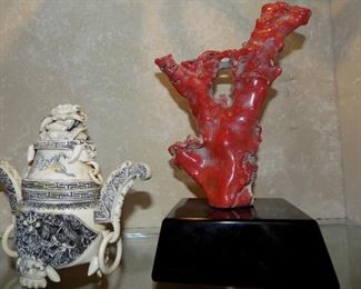 Antique Coral and Carved Asian Antique.