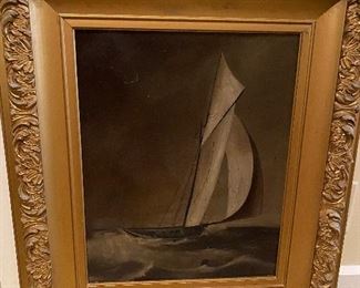 unsigned oill on canvas ship